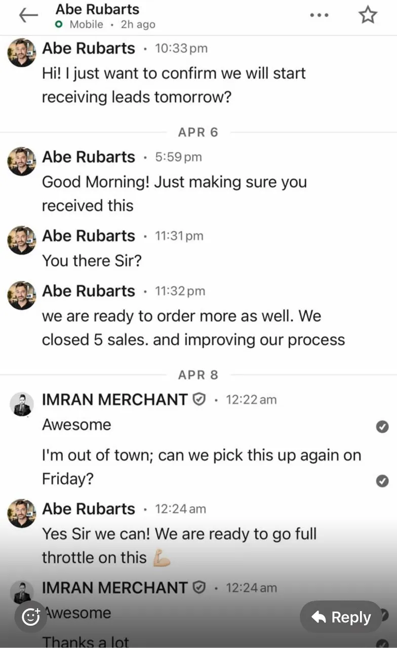 Verified client email conversation showing successful lead delivery feedback